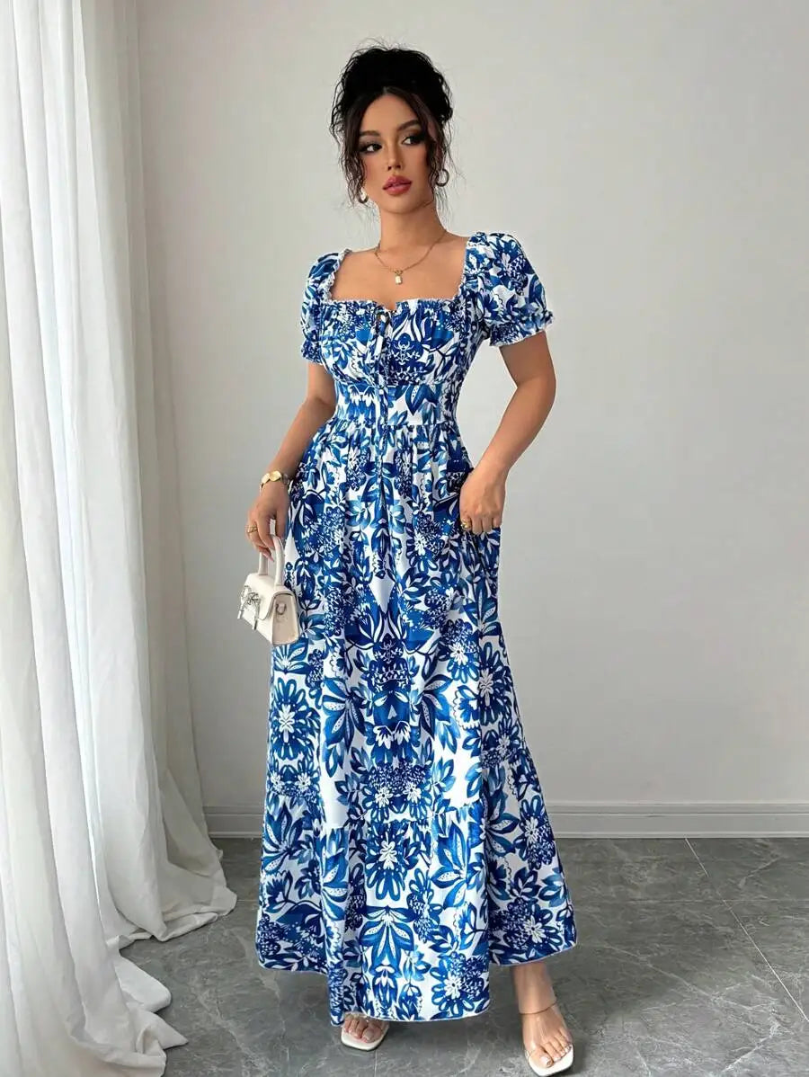 Vestido Longo Estampa Floral Azul Elegante by Loja Bruna Modas