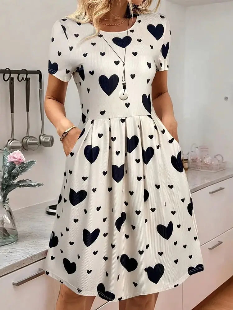 Vestido midi feminino estampado em poliéster na cor off-white.
