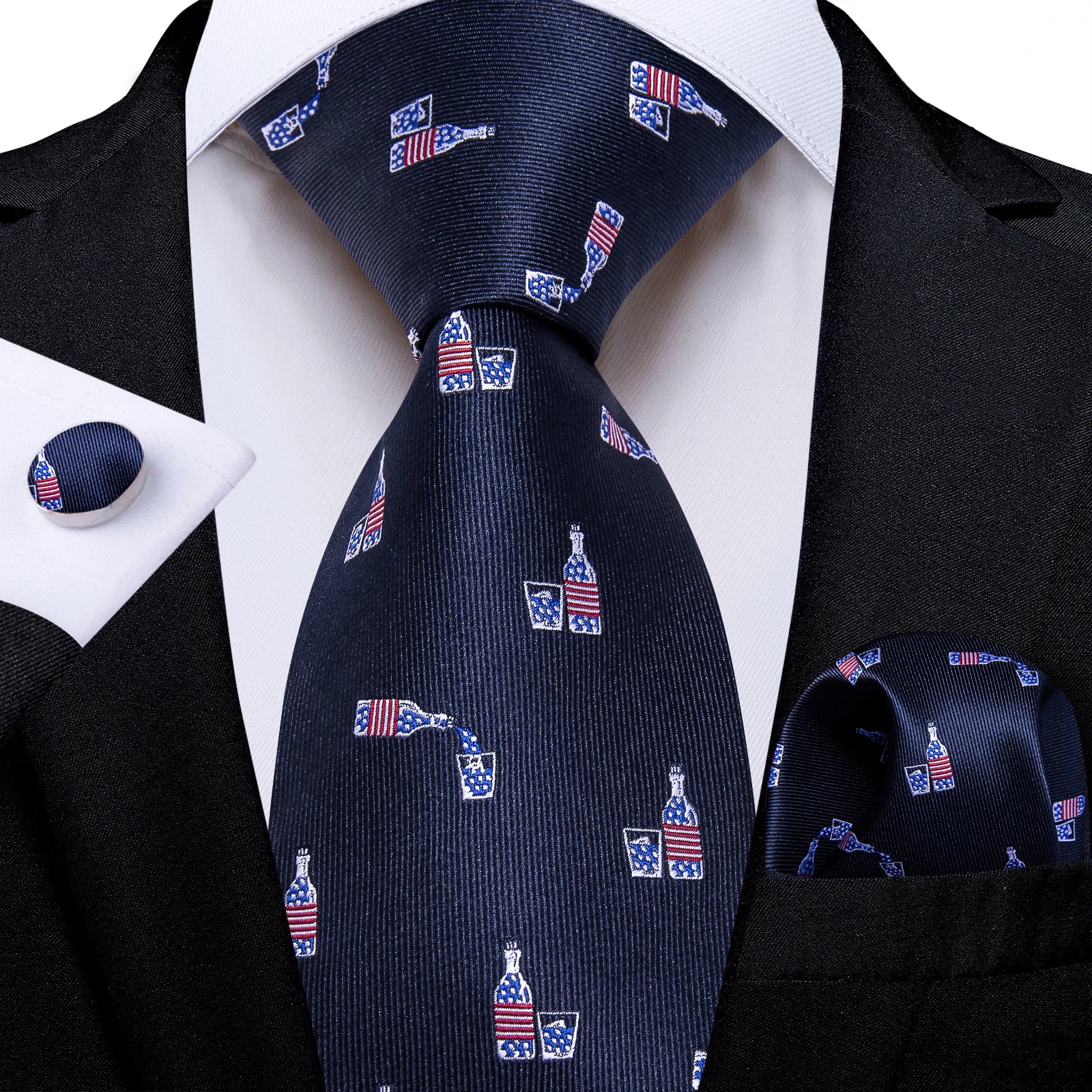 Conjunto Gravata Azul Escuro Masculina Com Lenço E Abotoaduras Para Casamento
