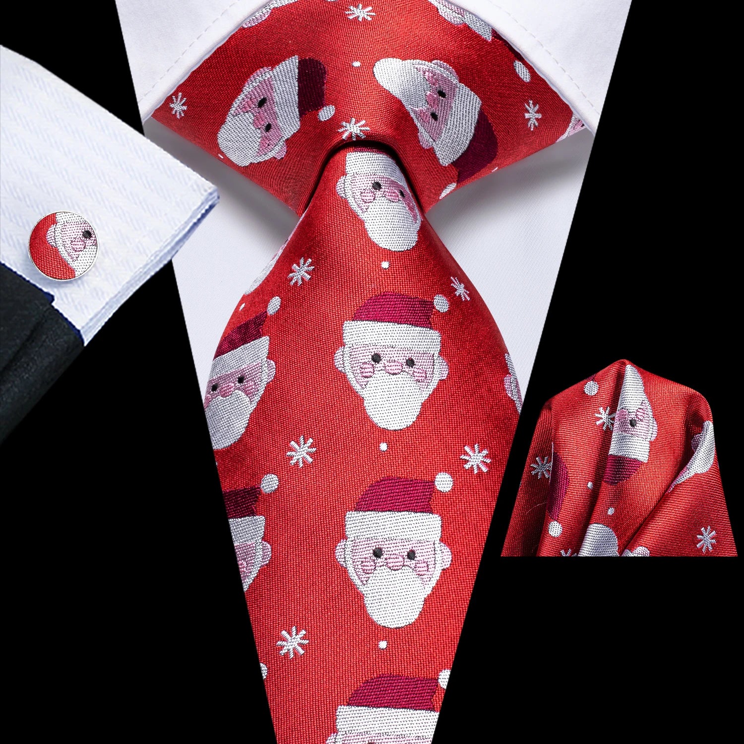 Conjunto de 3 Peças Gravata Masculina de Seda Vermelha com Lenço e Abotoaduras