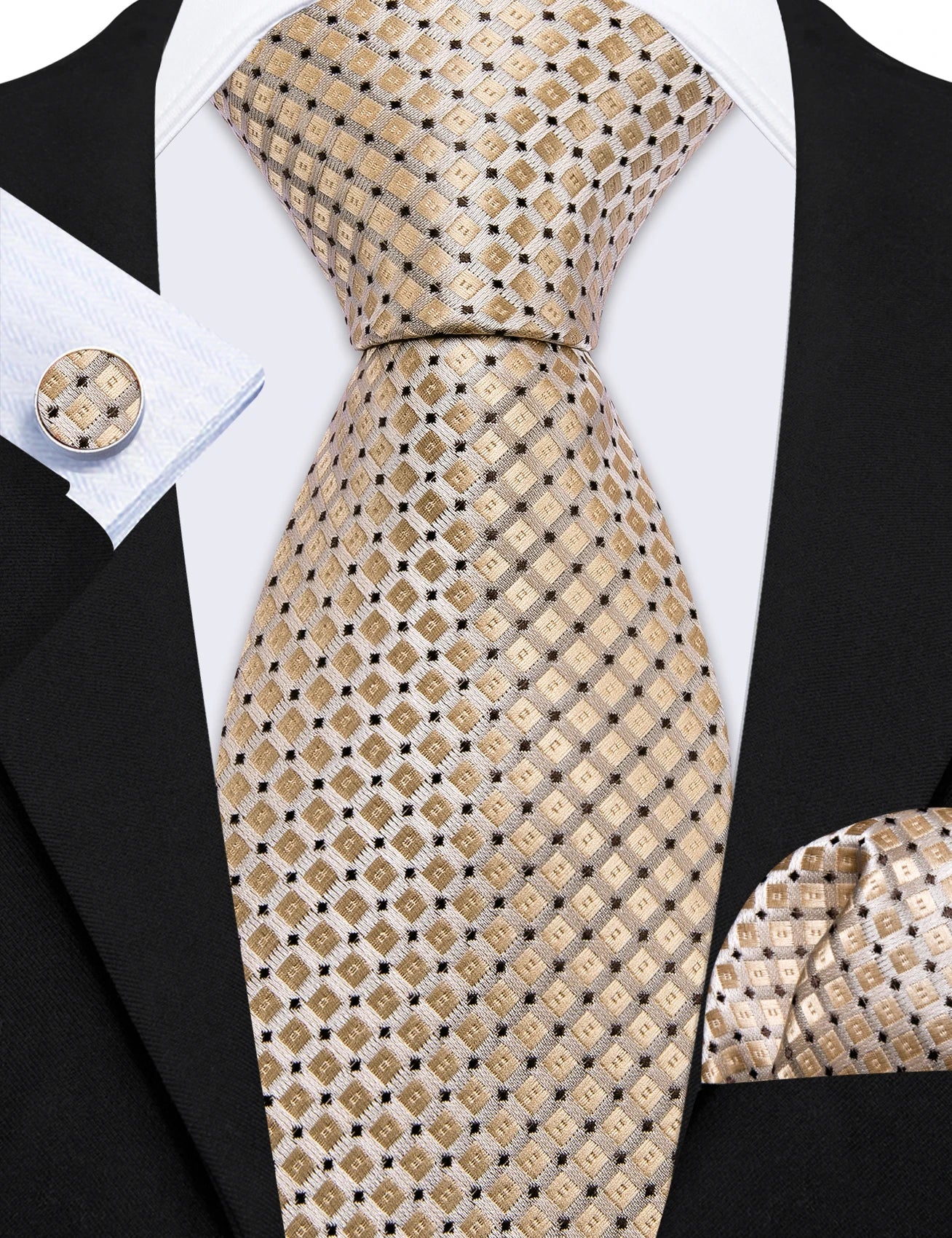 Square Dots Men Tie Handkerchief Cufflinks Set Woven Necktie For Wedding Party Business Male Ties Gift Casual Formal