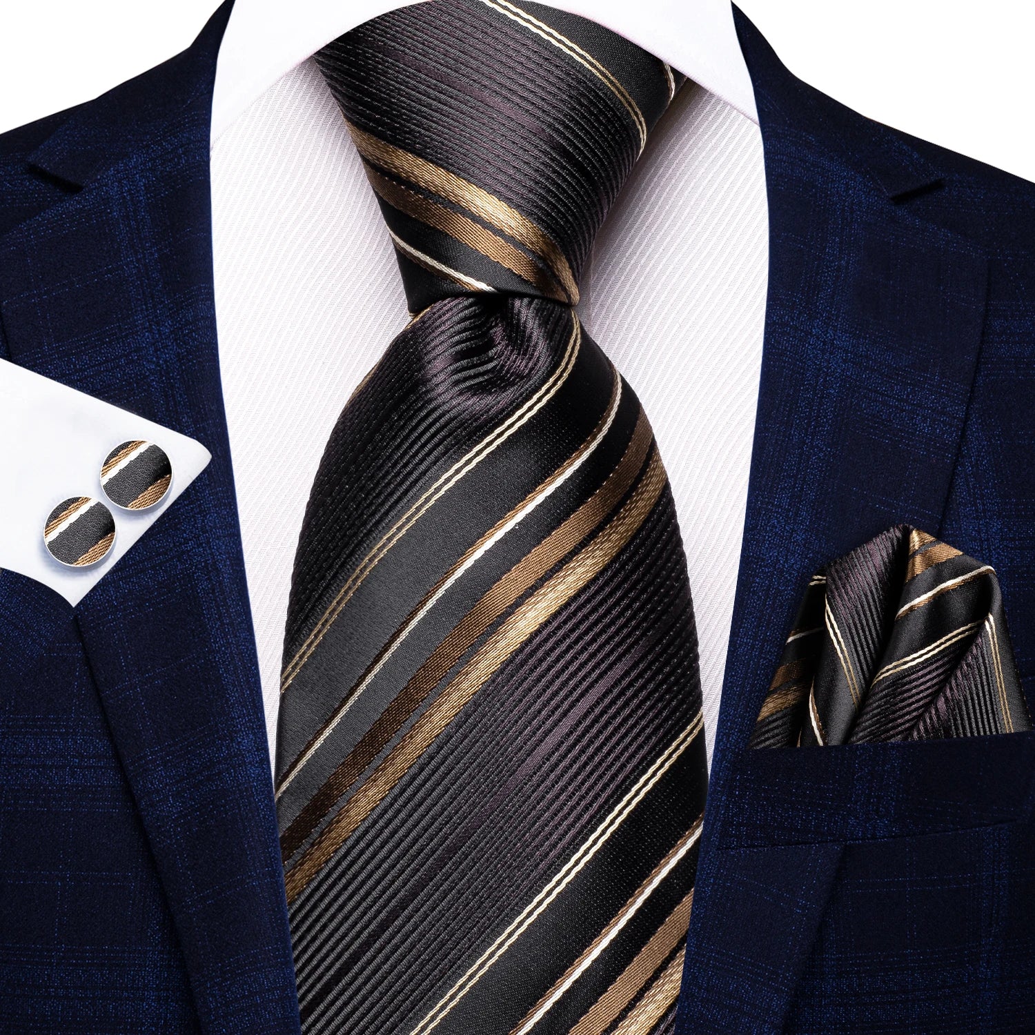 Gravata Masculina Listrada de Luxo com Lenço de Bolso e Abotoaduras
