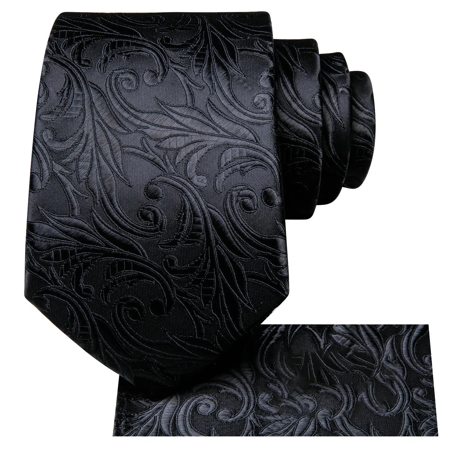 Gravata Masculina Poliéster Preto Floral com Lenço de Bolso