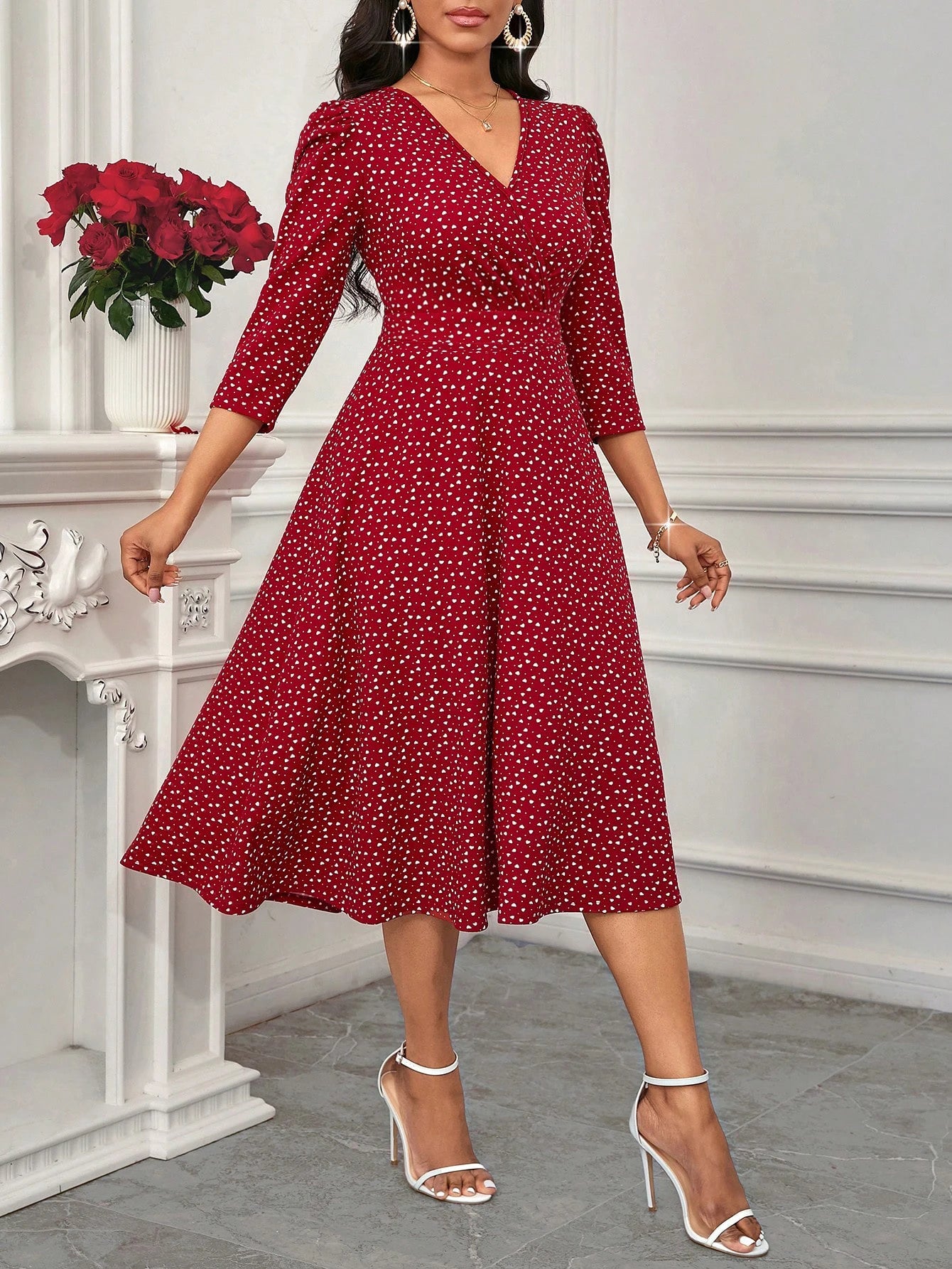 Vestido Midi Feminino Bordô Decote em V by Loja Bruna Modas