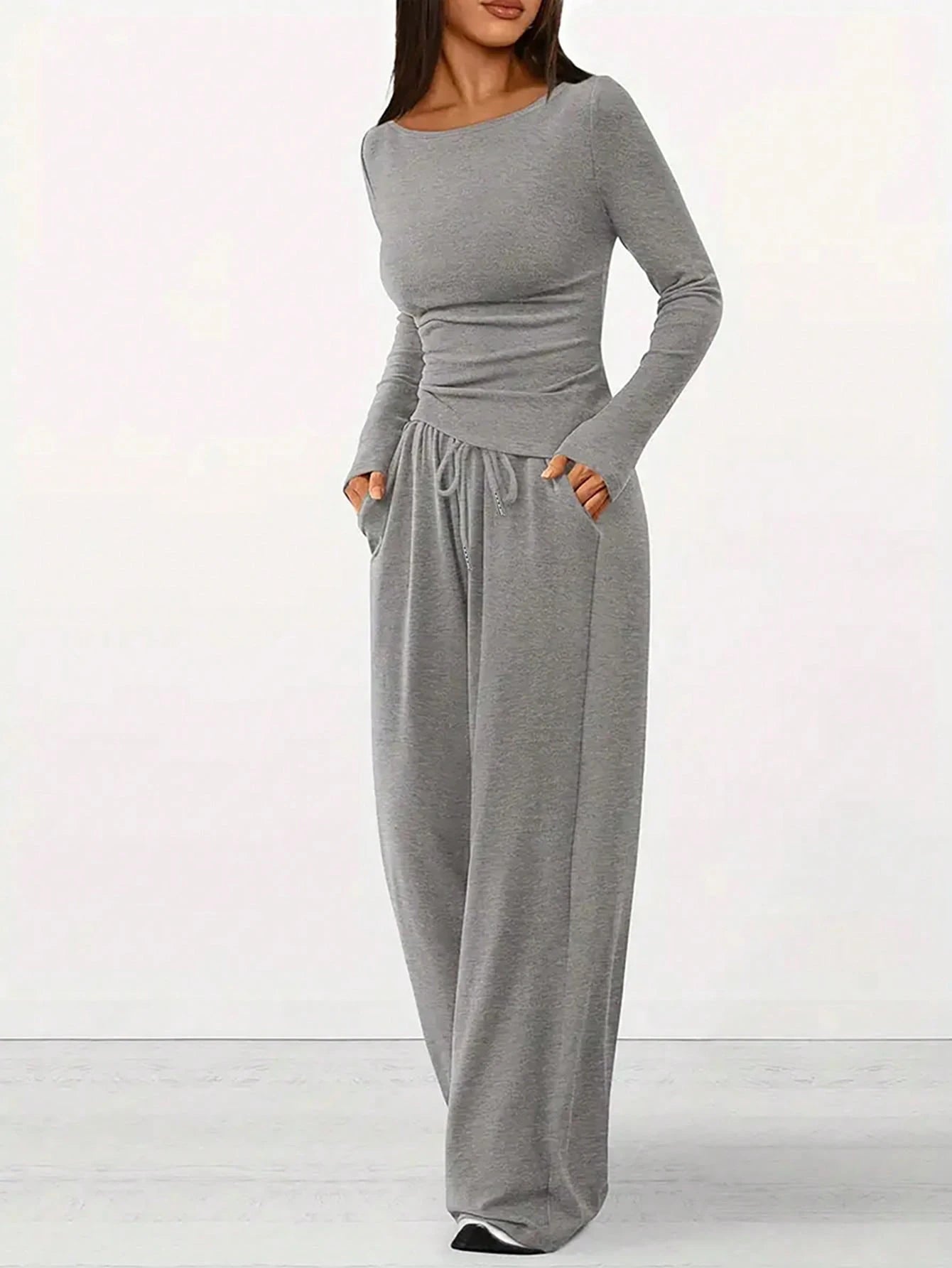 Conjunto Feminino Casual Cinza Cintura Alta Estilo Rua
