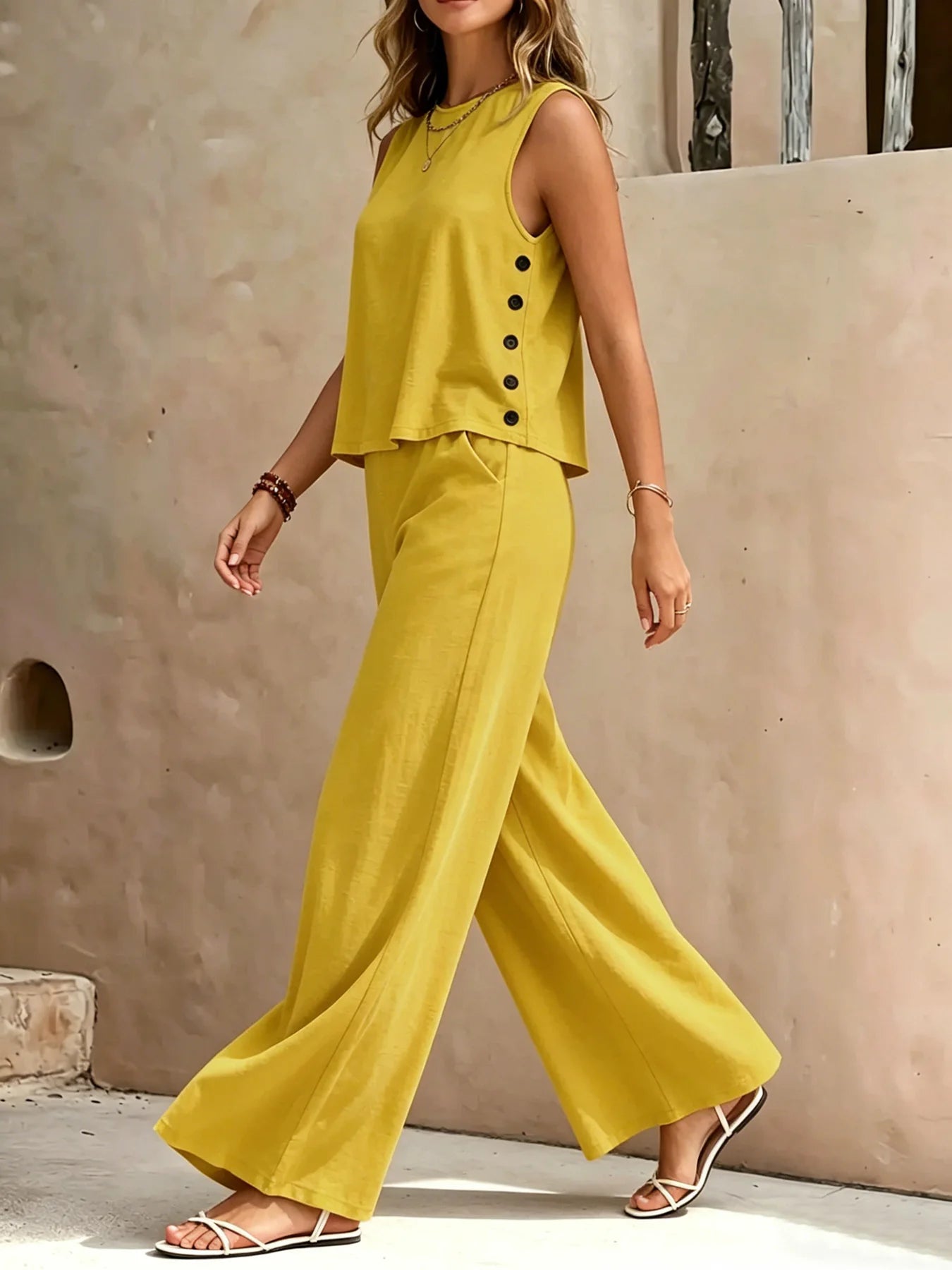 Conjunto Feminino de Duas Peças Amarelo Mostarda