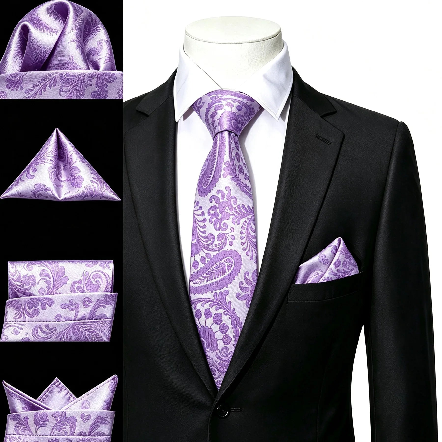 Gravata Masculina Roxo Floral com Lenço de Bolso