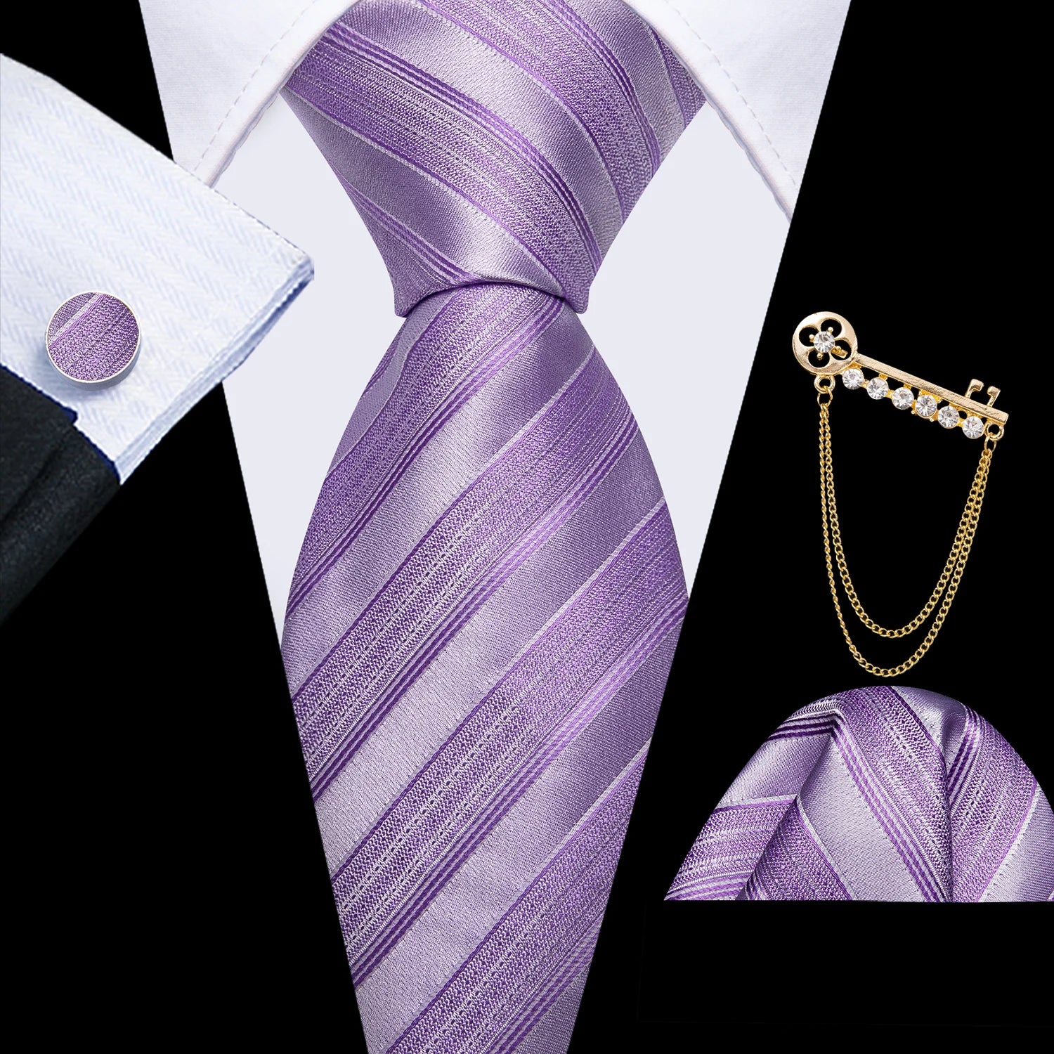 Conjunto de Gravata Masculina Listrada com Lenço de Bolso