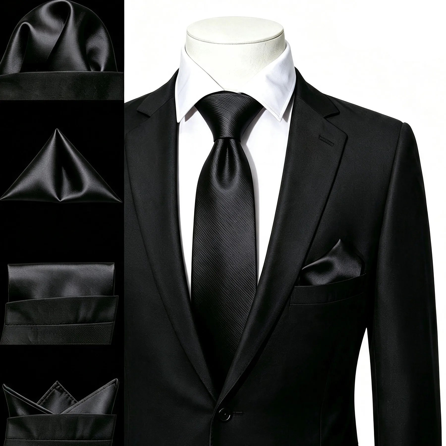 Gravata Masculina Preto Clássico com Lenço de Bolso