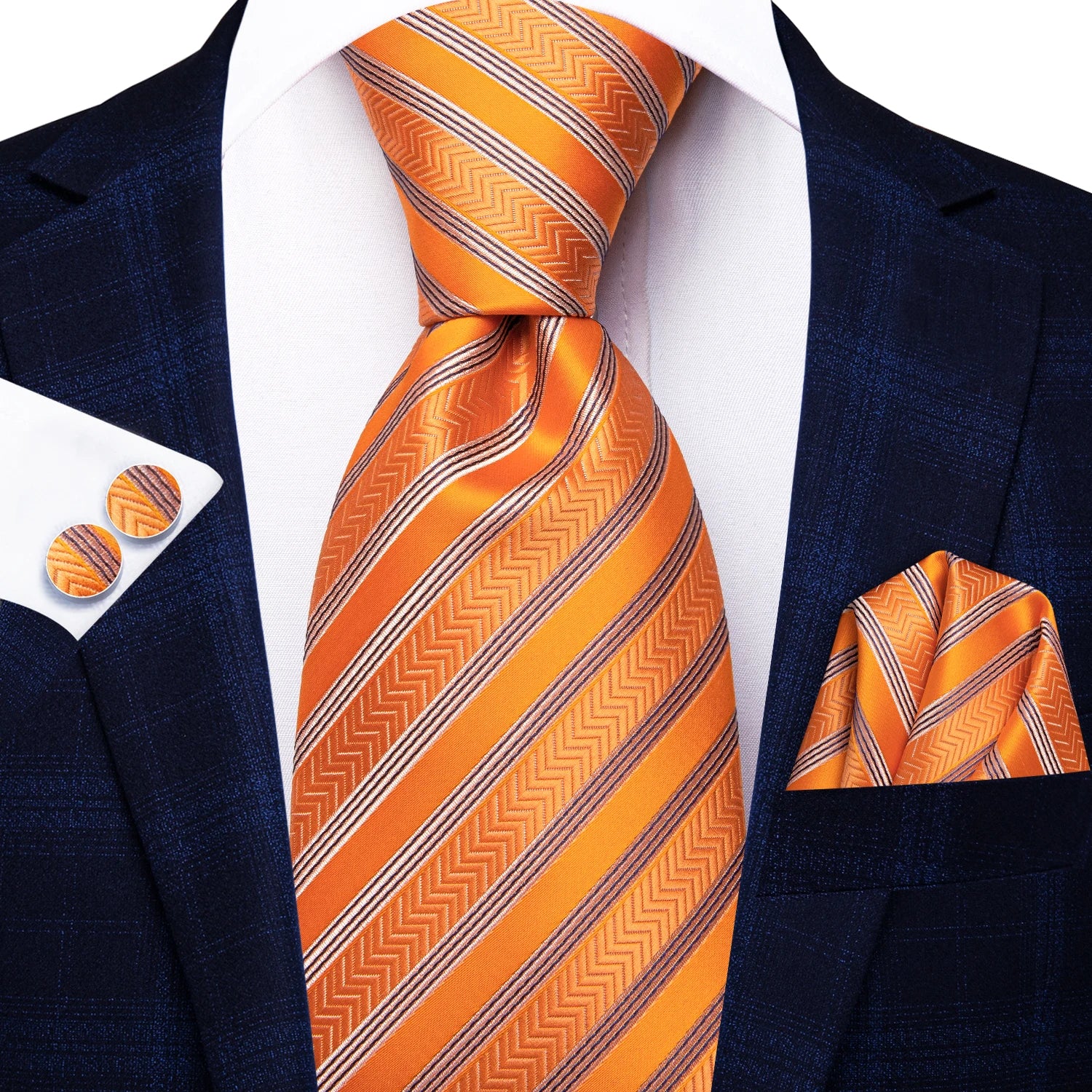 Gravata Masculina Listrada de Luxo com Lenço de Bolso e Abotoaduras