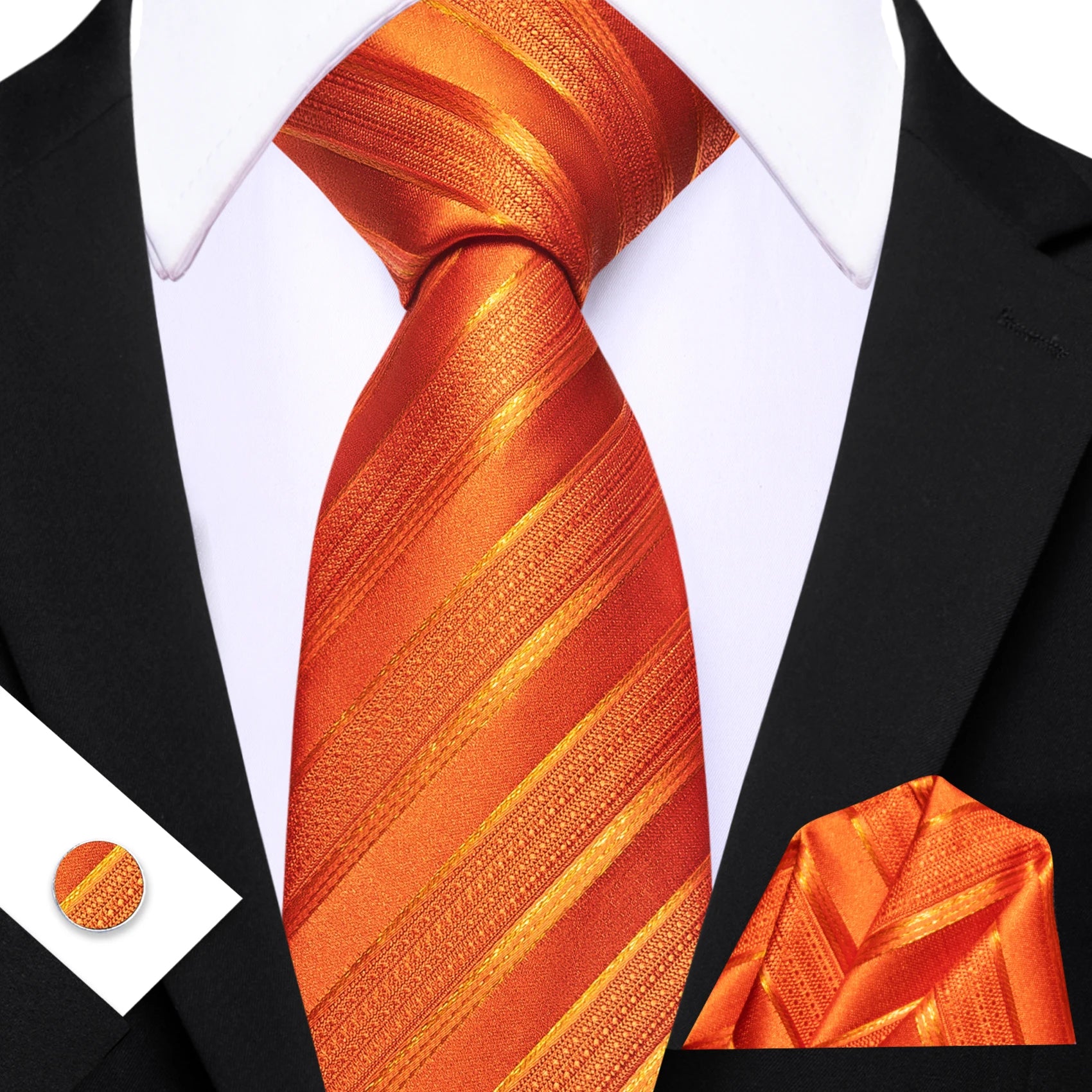 Conjunto de Gravata Masculina Poliéster Listrada com Lenço e Abotoaduras