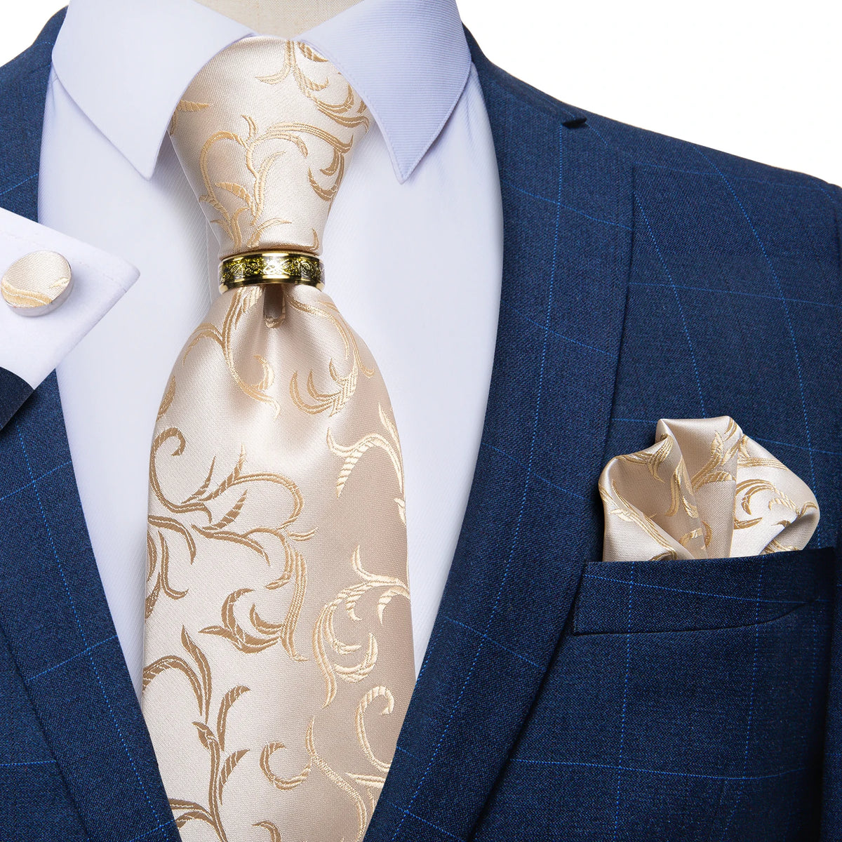 Gravata Masculina de Luxo Bege Floral com Acessórios by Loja Bruna Modas