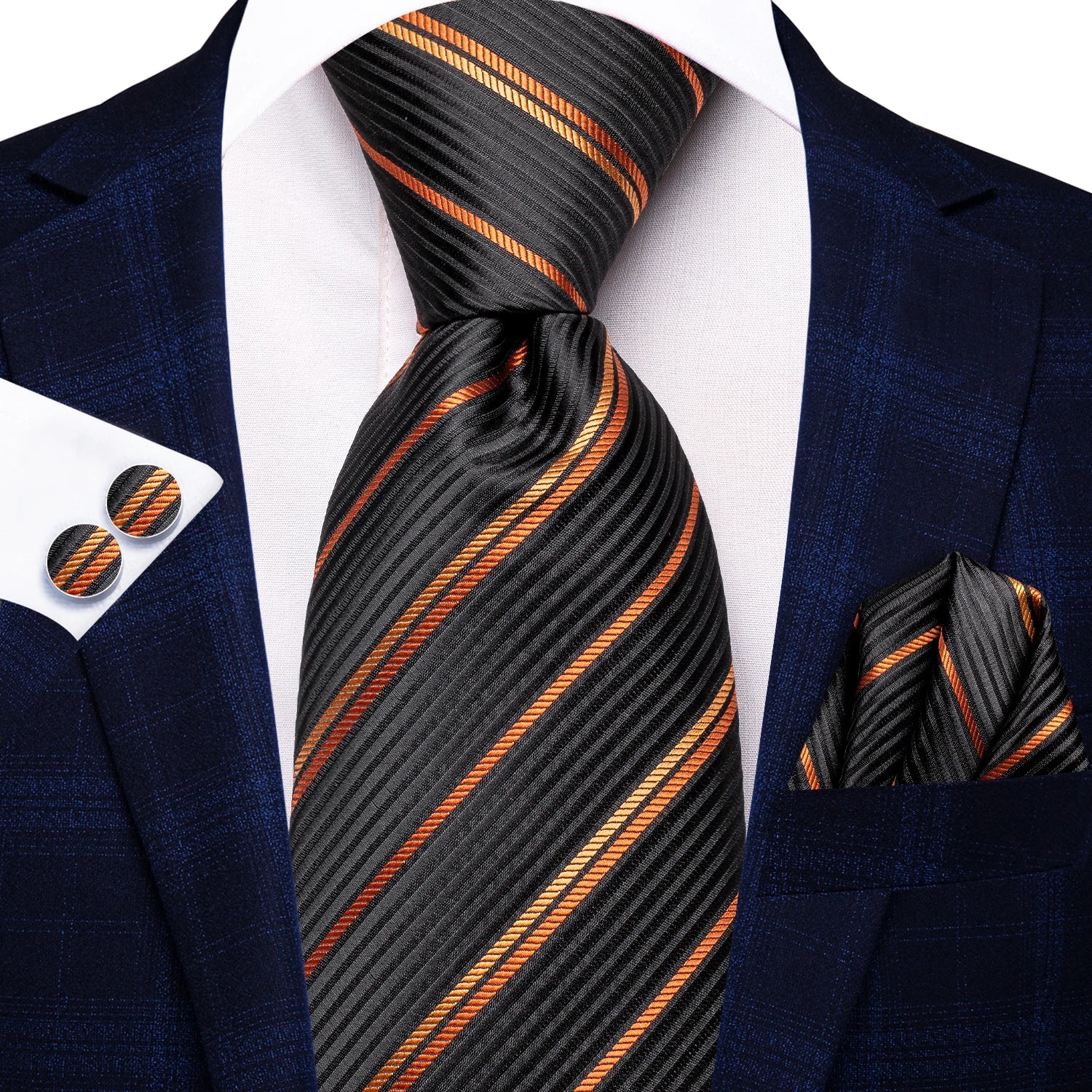 Gravata Masculina de Luxo Marrom e Dourada com Lenço e Abotoaduras