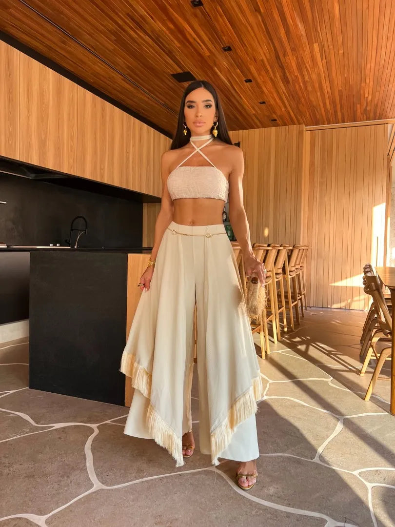 Conjunto Feminino Ombro a Ombro 2 Peças – Calça Wide Leg e Top com Gola Alta