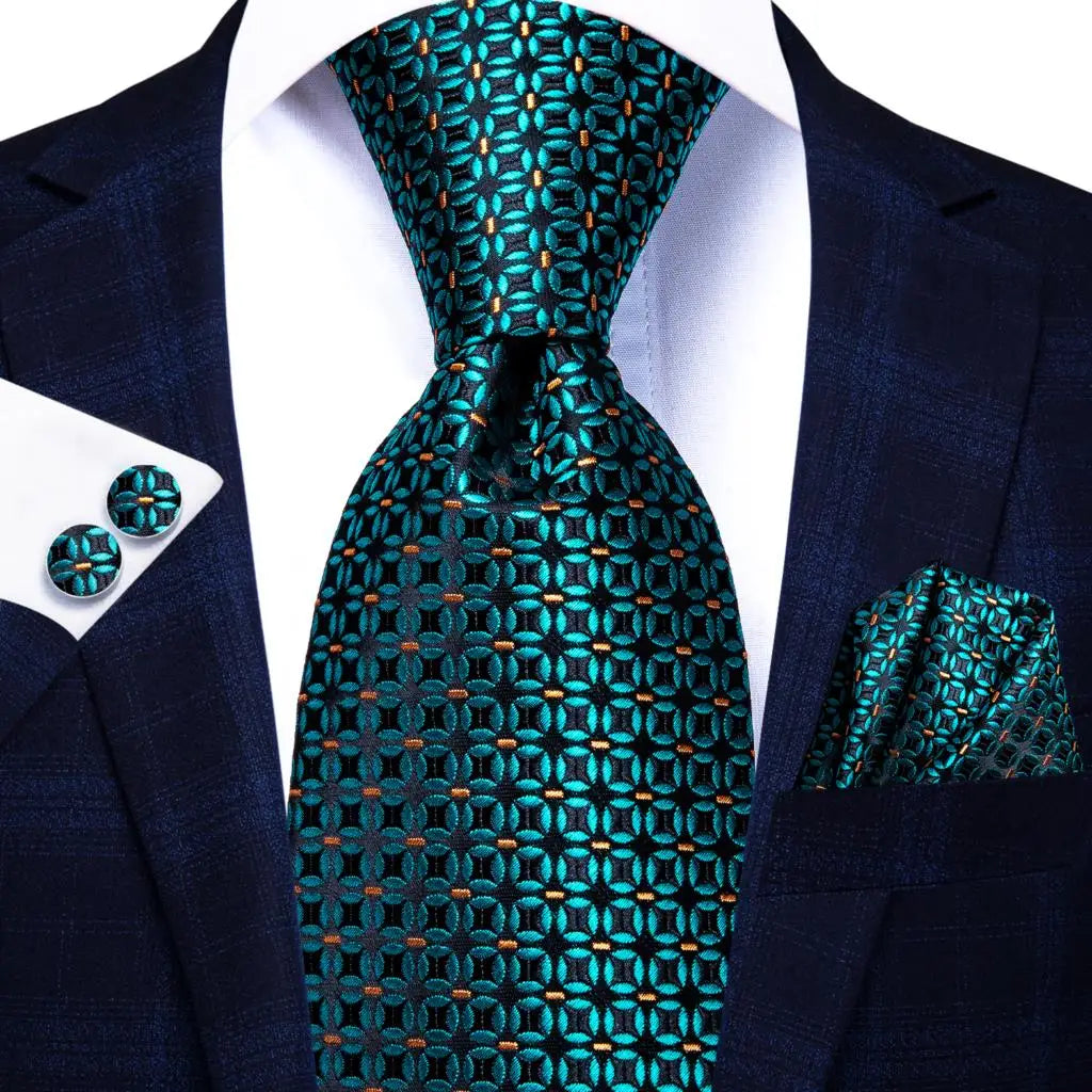 Kit de Gravata Masculina de Seda de Luxo Azul com Lenço e Abotoaduras