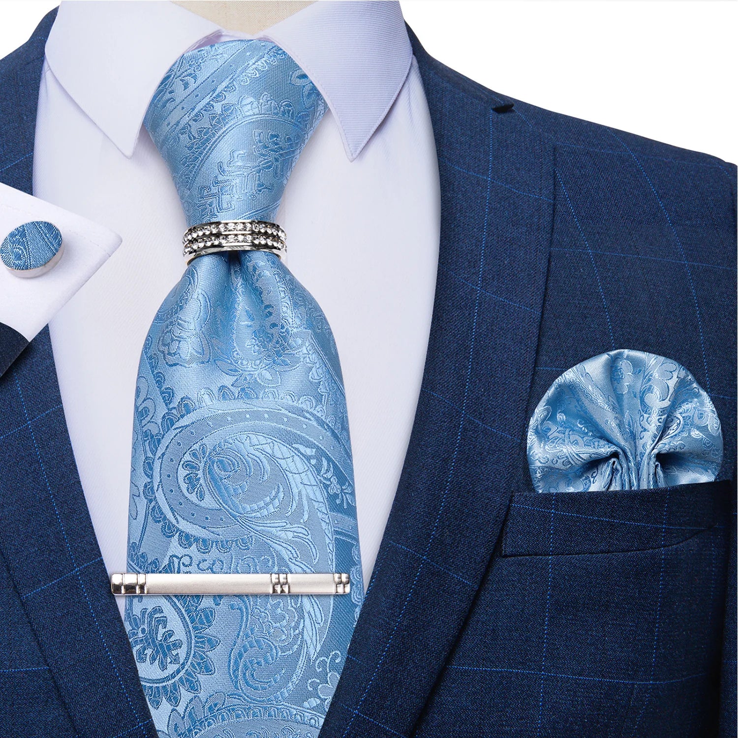 Conjunto Gravata Masculina 8cm com Clipe de Prata, Anel, Lenço e Abotoaduras