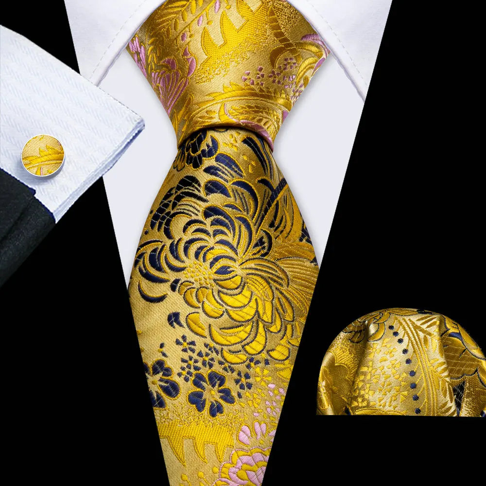 Gravata Masculina Amarelo Floral com Acessórios