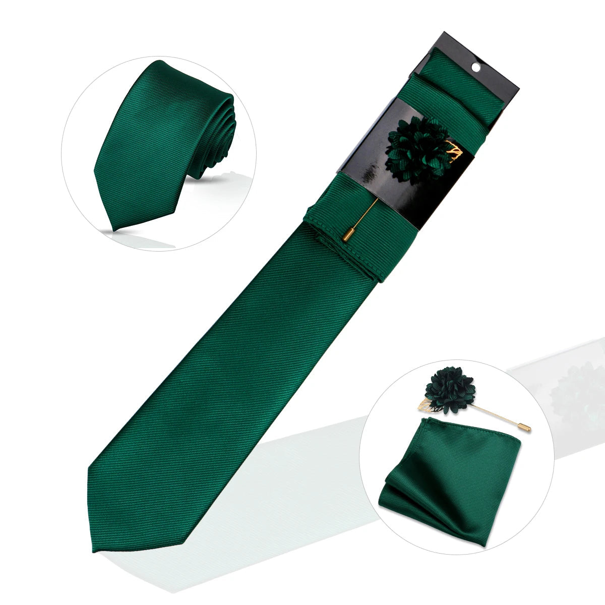 Gravata Masculina Lisa Poliéster com Broche e Lenço de Bolso