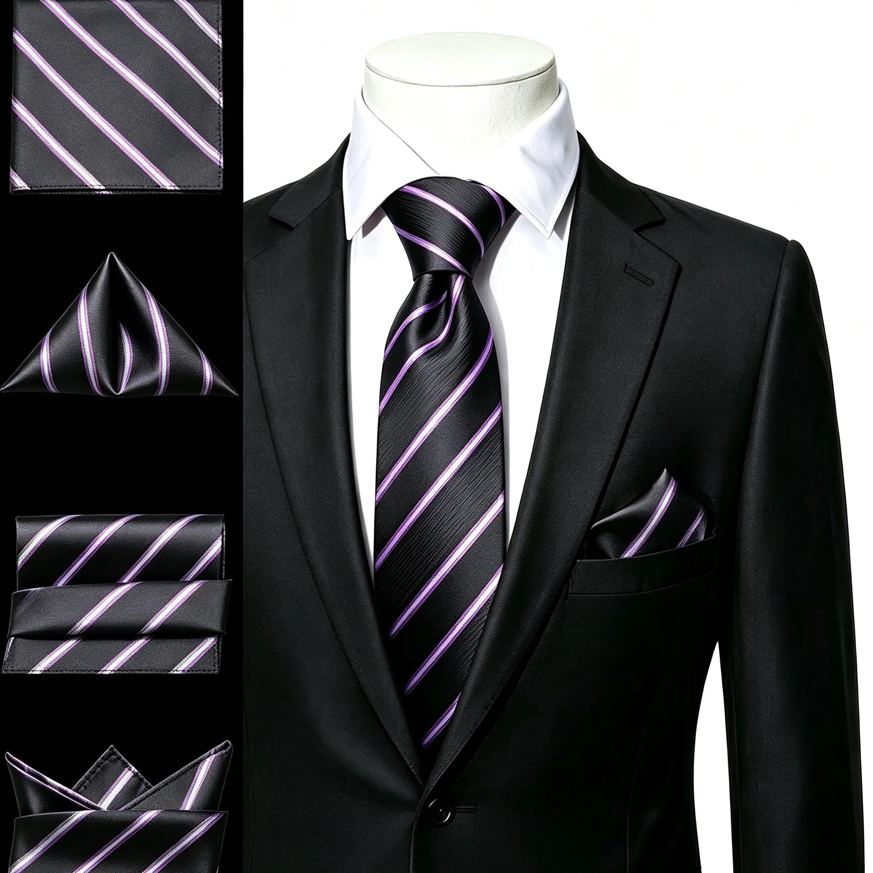 Gravata Masculina Poliéster Listrado com Lenço de Bolso