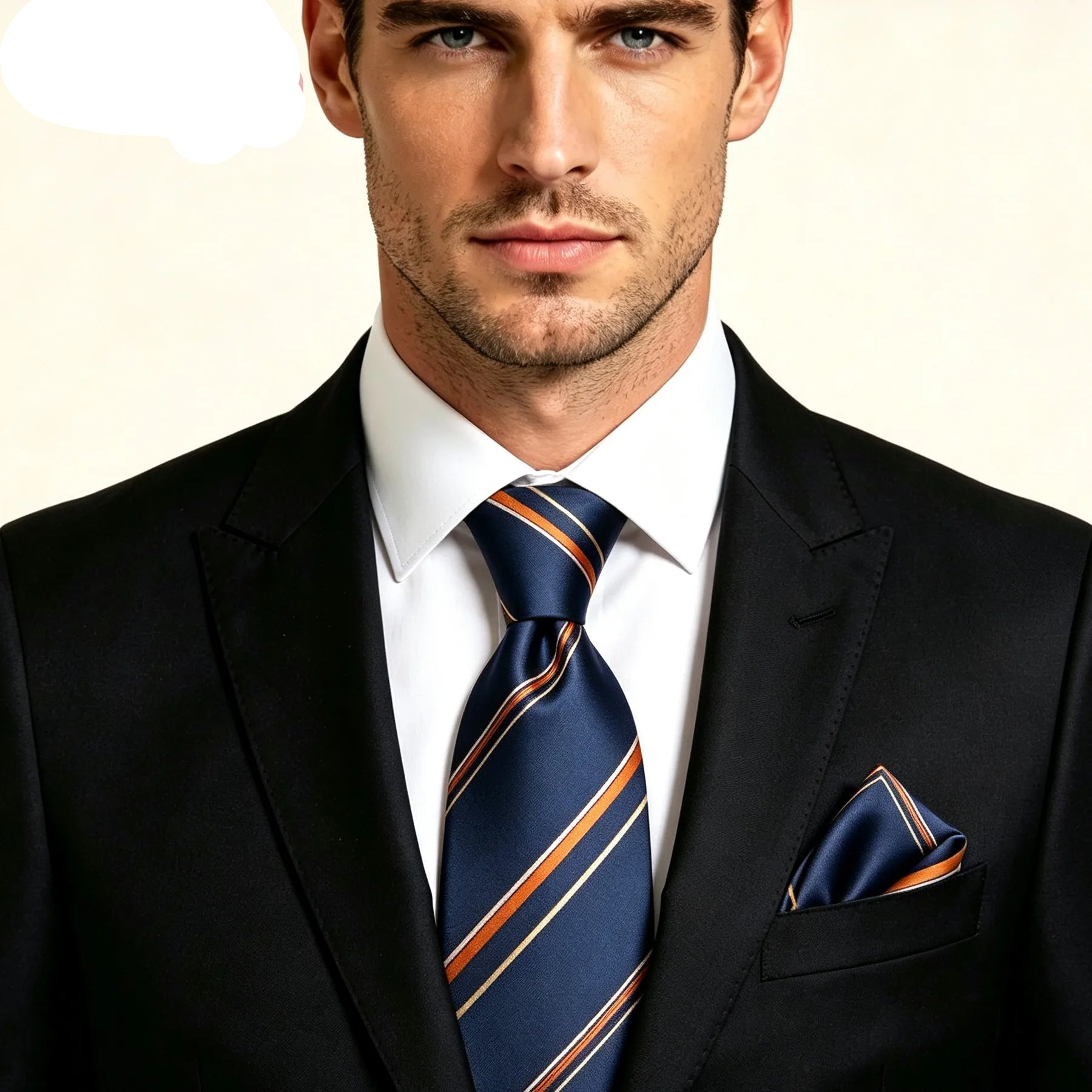 Gravata Masculina Azul Escuro Listrado com Lenço de Bolso