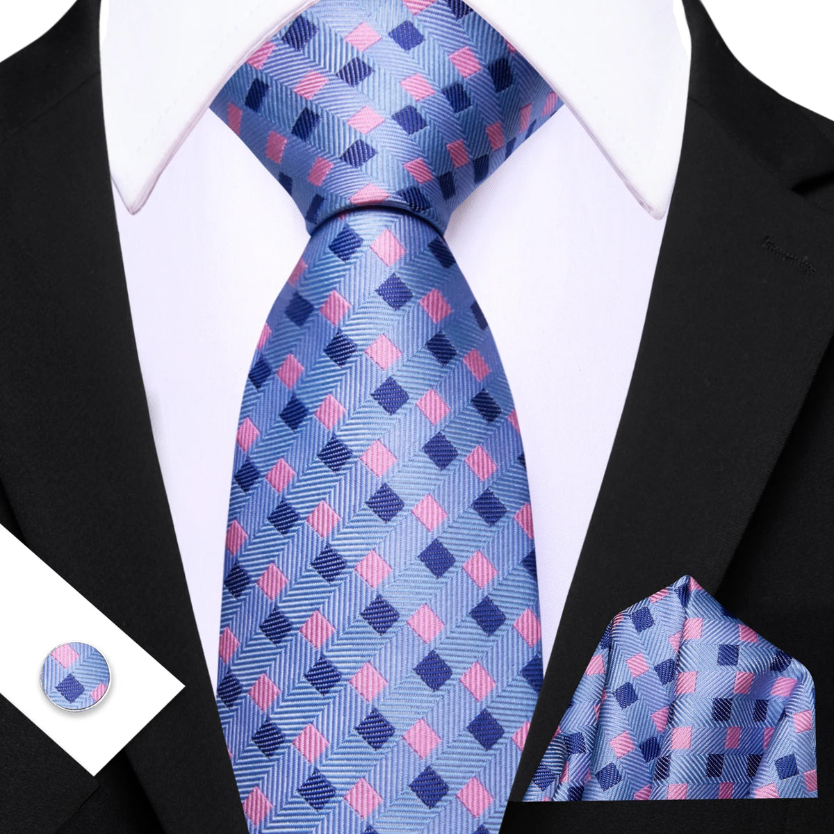 Gravata Masculina Clássica de Poliéster com Lenço de Bolso e Abotoaduras