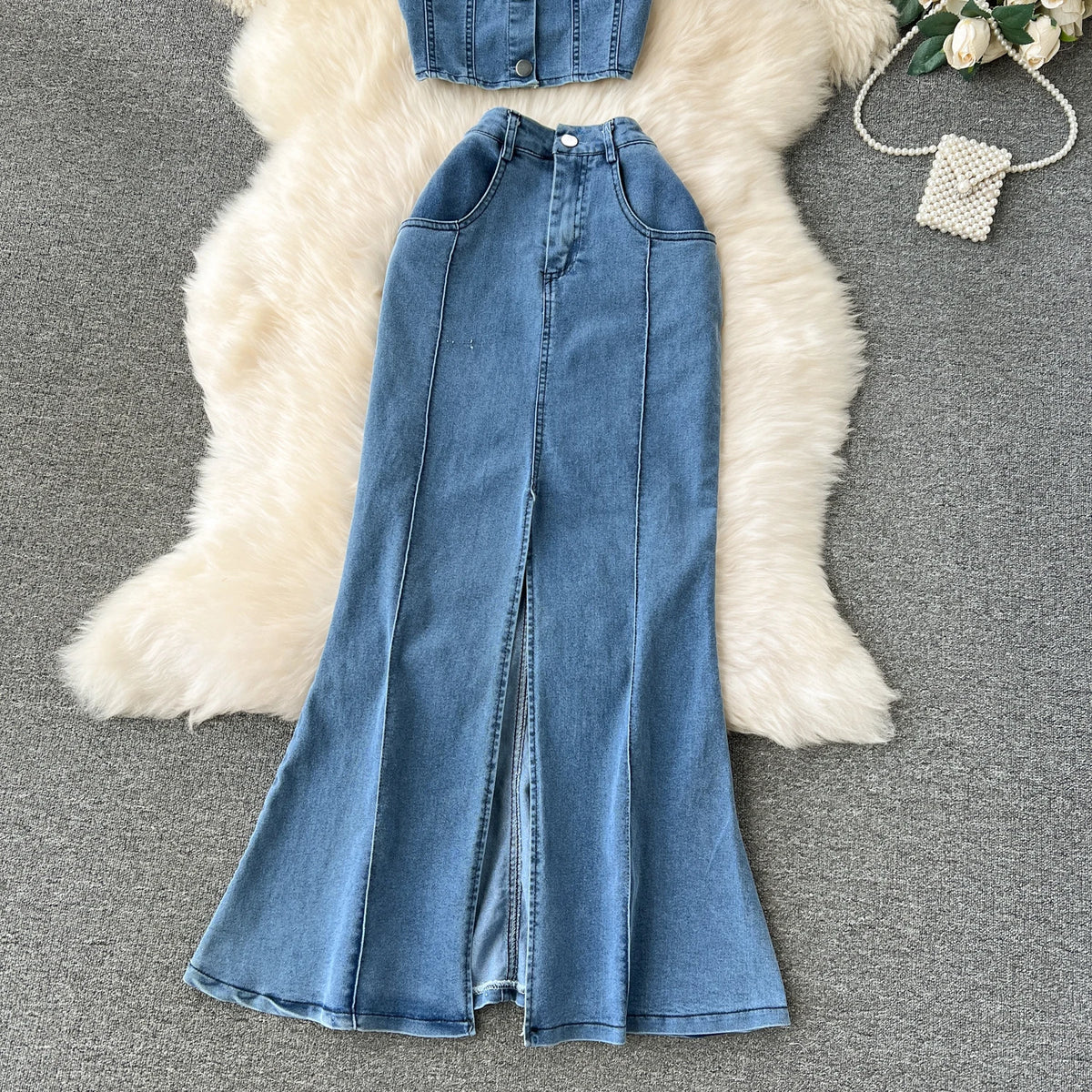 Conjunto Feminino Jeans Top e Saia Longa Virela