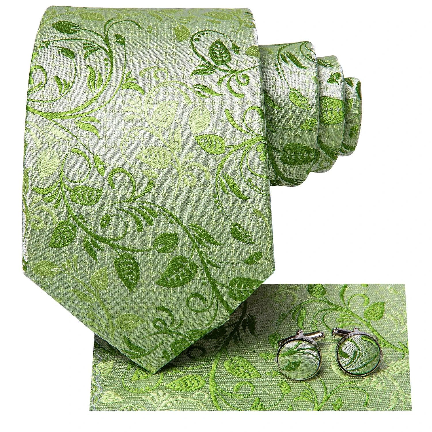 Gravata Masculina de Seda Floral Verde com Lenço e Abotoaduras