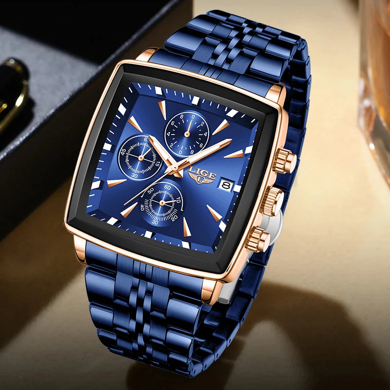 Relógio de Pulso Masculino Quadrado Pulseira de Aço by Loja Bruna Modas