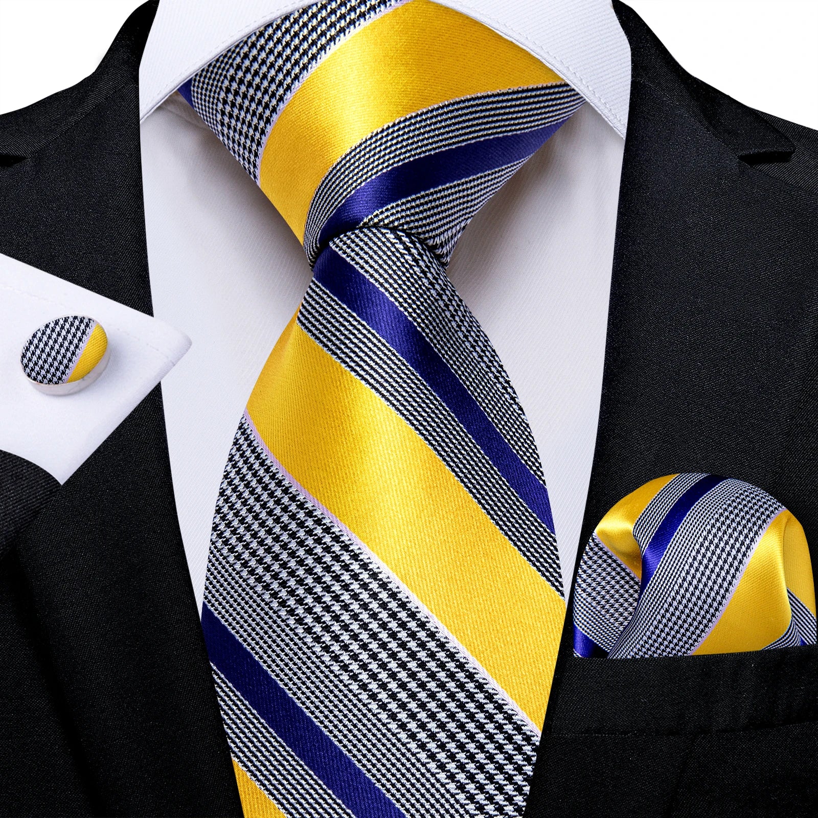 Conjunto Gravata Masculina Listrada Poliéster com Lenço e Abotoaduras