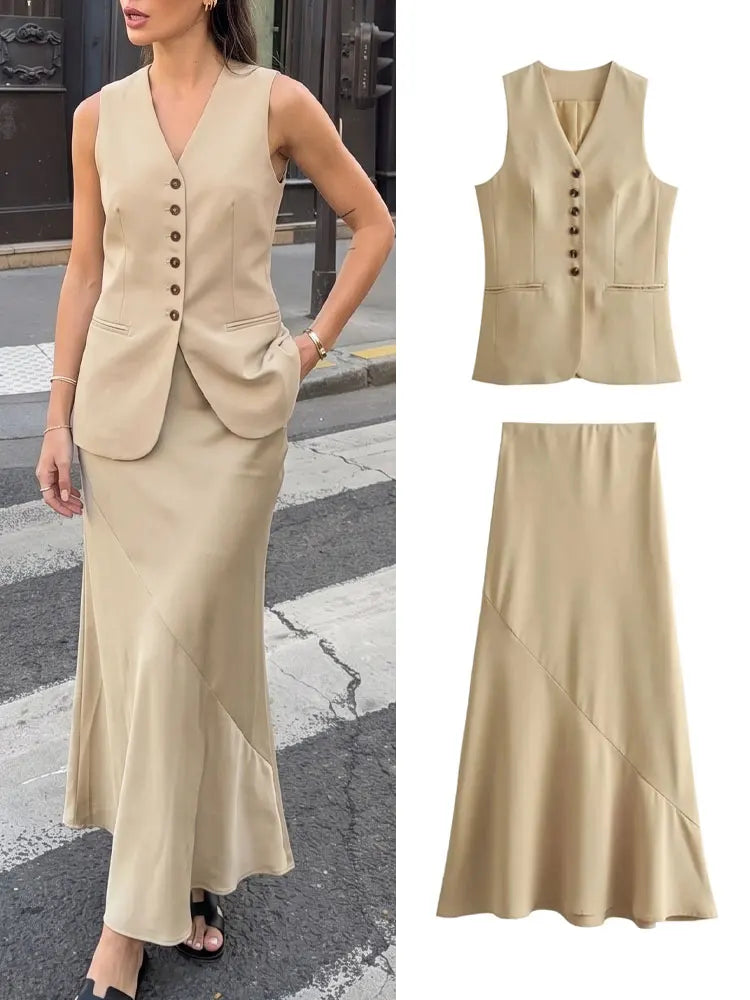 Conjunto Feminino Com Colete Sem Mangas E Saia Longa Cáqui