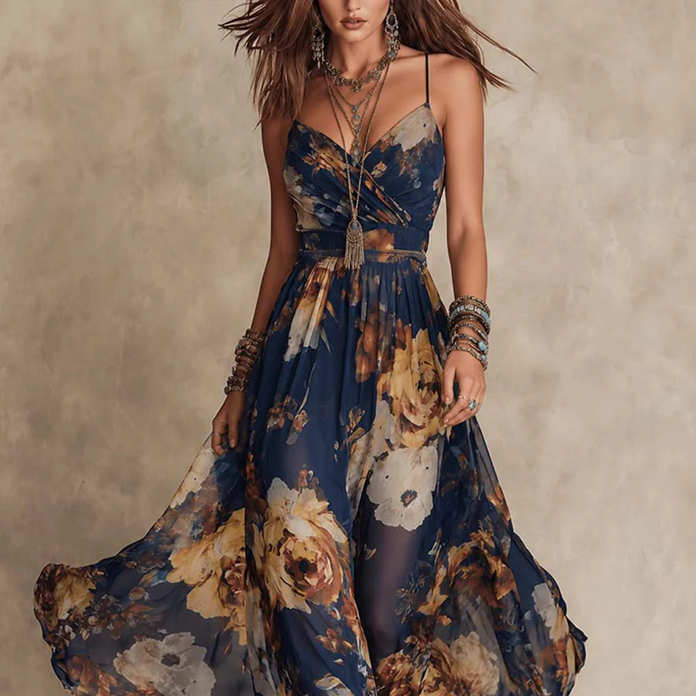 Vestido Maxi Boho Floral Estampado Decote V Alças Finas Sem Manga