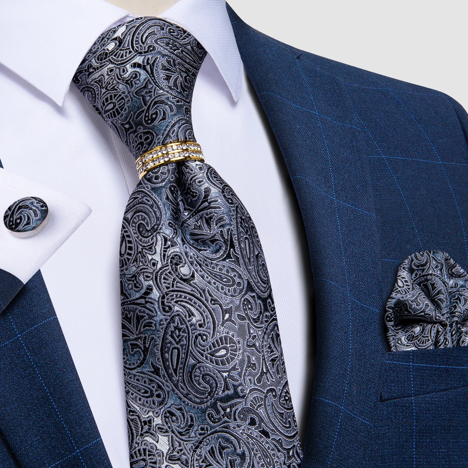 Kit de Gravata Masculina de Poliéster Luxo com Lenço e Abotoaduras