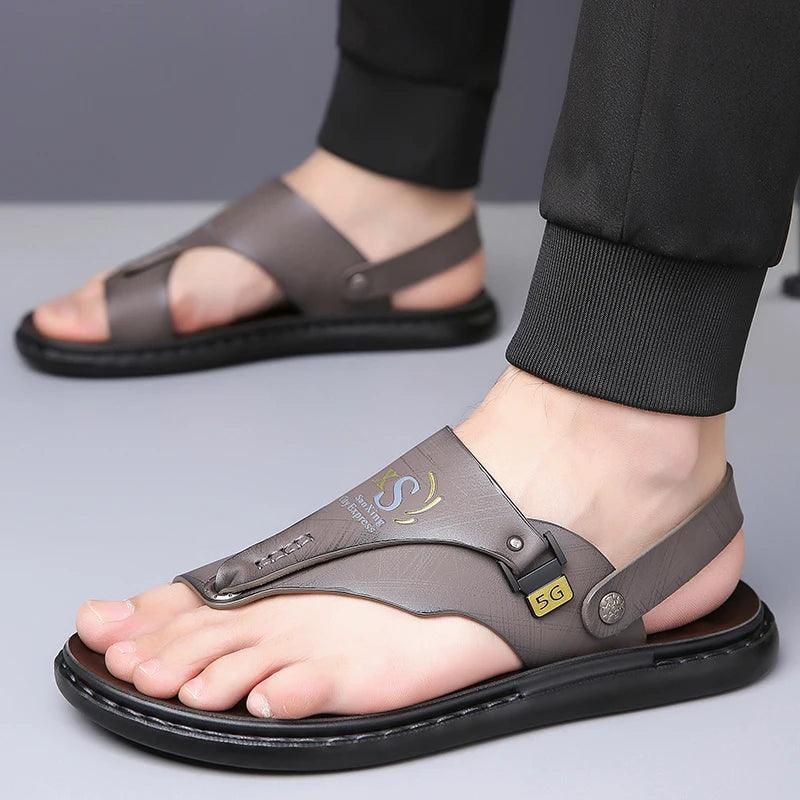 Sandália Masculina de Couro PU de Sola Grossa Antiderrapante