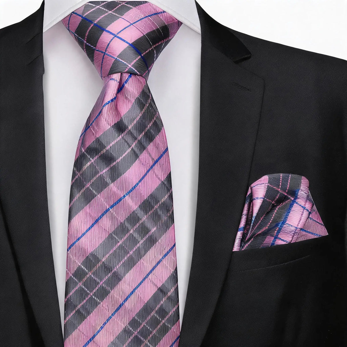 Gravata Masculina Rosa Xadrez com Lenço de Bolso