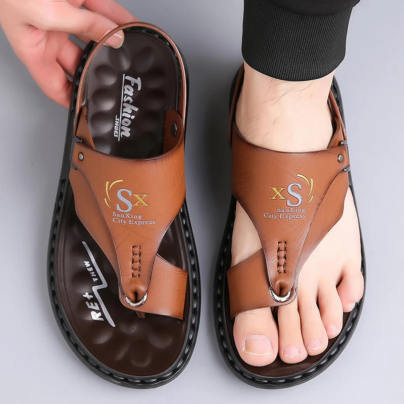 Sandália Masculina de Couro PU de Sola Grossa Antiderrapante