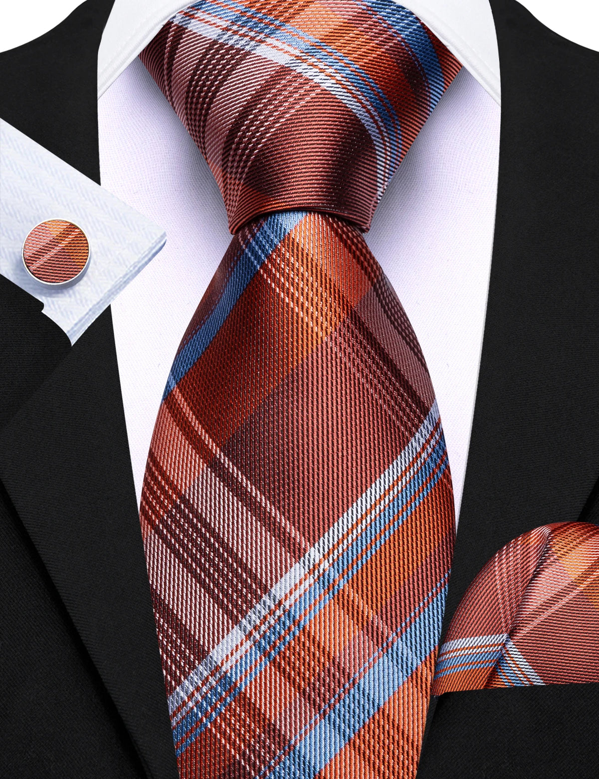Gravata Masculina Xadrez de Poliéster com Lenço de Bolso e Abotoaduras