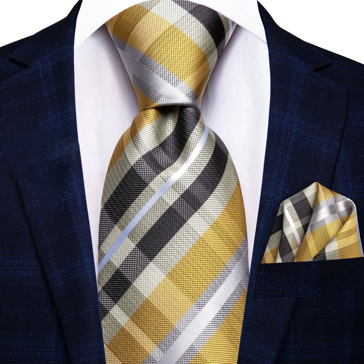 Gravata Masculina Amarela Xadrez com Lenço de Bolso