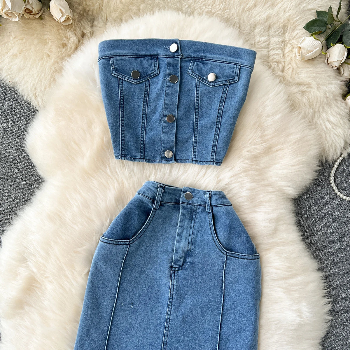 Conjunto Feminino Jeans Top e Saia Longa Virela