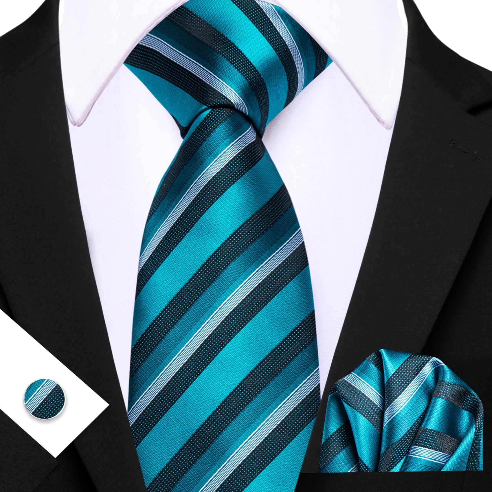 Conjunto de Gravata Masculina Poliéster Listrada com Lenço e Abotoaduras