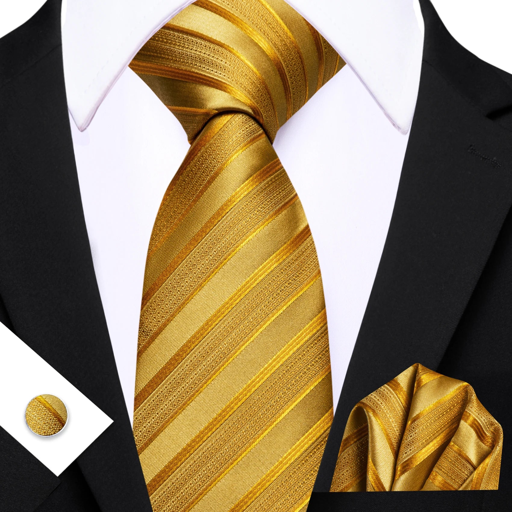 Conjunto de Gravata Masculina Poliéster Listrada com Lenço e Abotoaduras