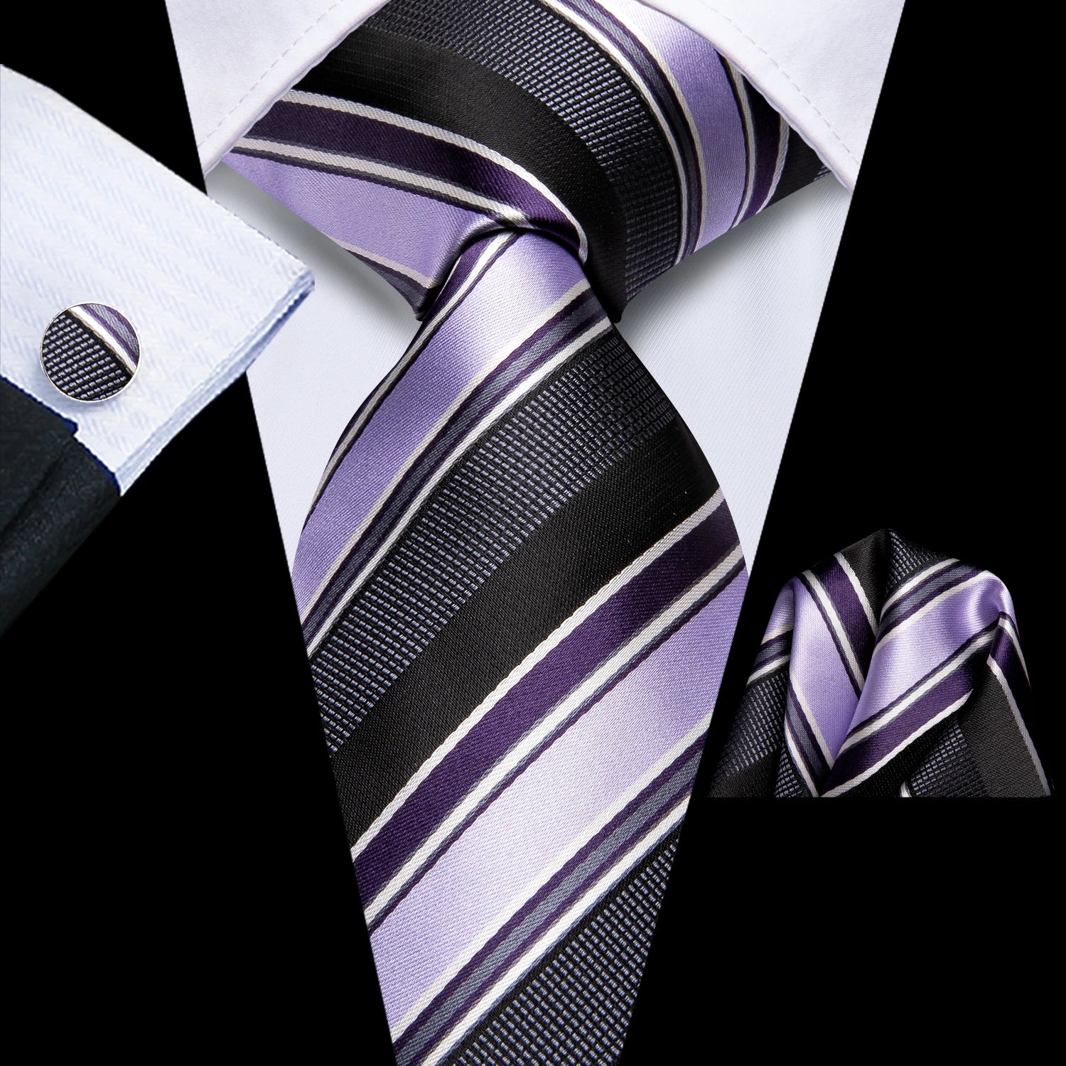Conjunto 3 Peças Gravata Masculina Poliéster Roxa com Lenço e Abotoaduras