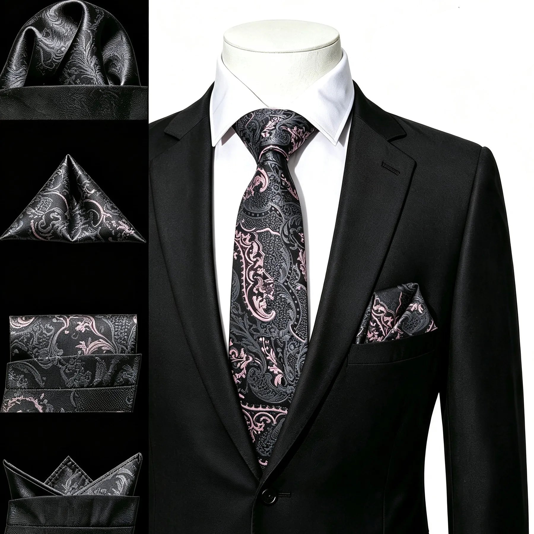 Gravata Masculina Preta e Rosa Floral com Lenço de Bolso