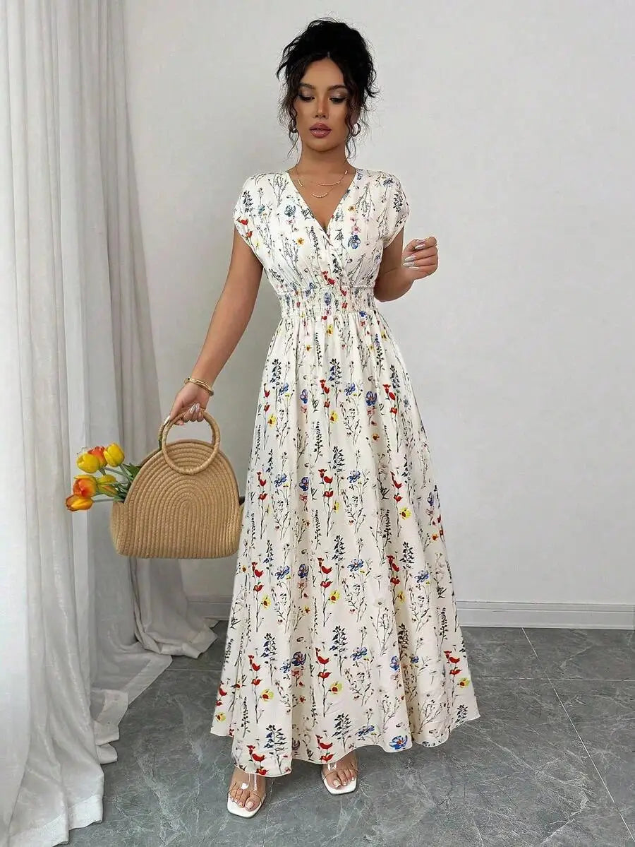Vestido Longo Feminino com Estampa Floral Decote em V by Loja Bruna Modas