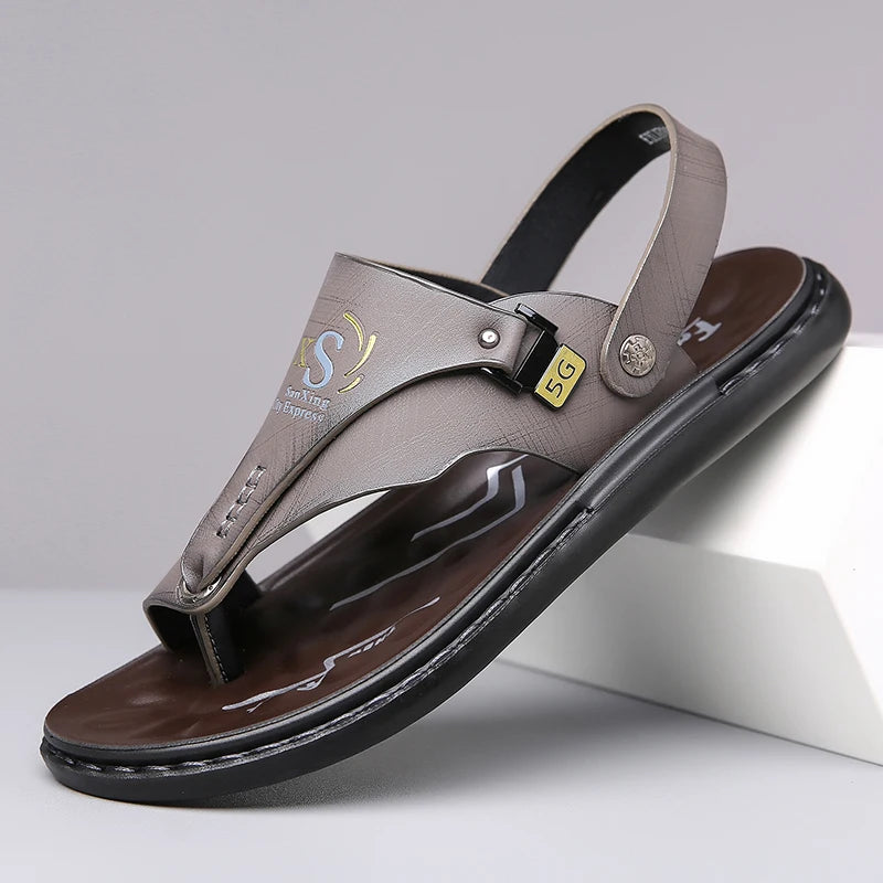 Sandália Masculina de Couro PU de Sola Grossa Antiderrapante