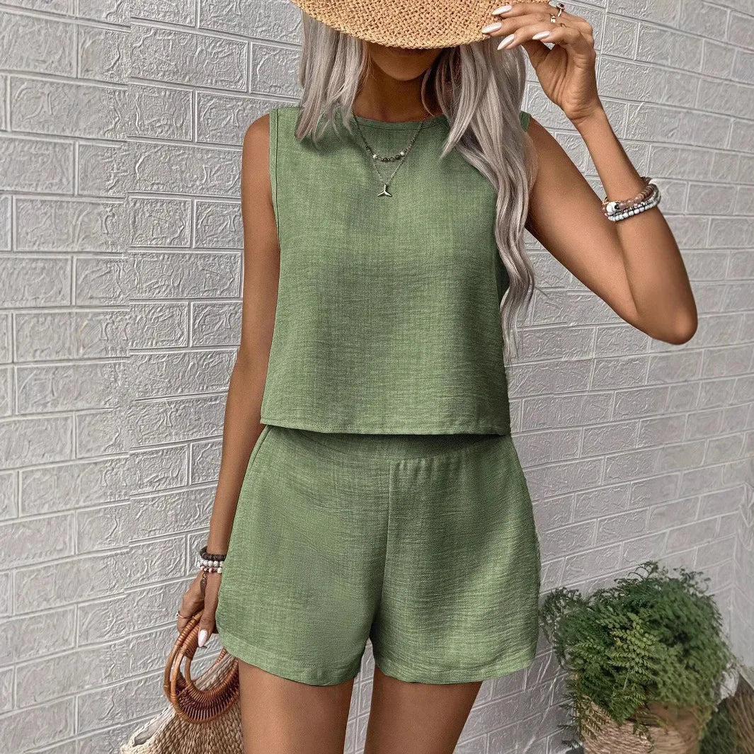 Conjunto Feminino Duas Peças Casual Short e Blusa sem Mangas