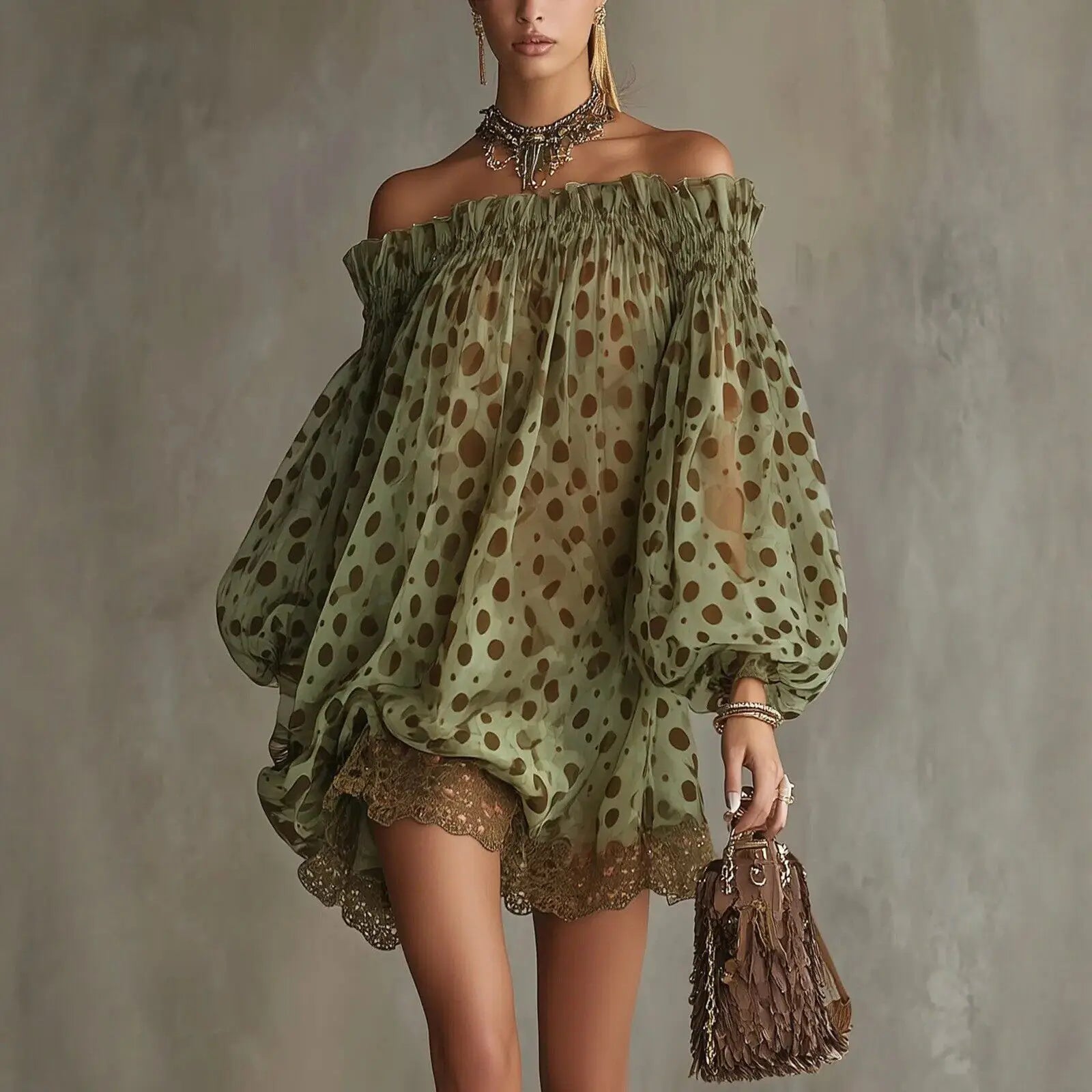 Vestido Curto Feminino Ombro à Ombro com Estampa de Bolinhas