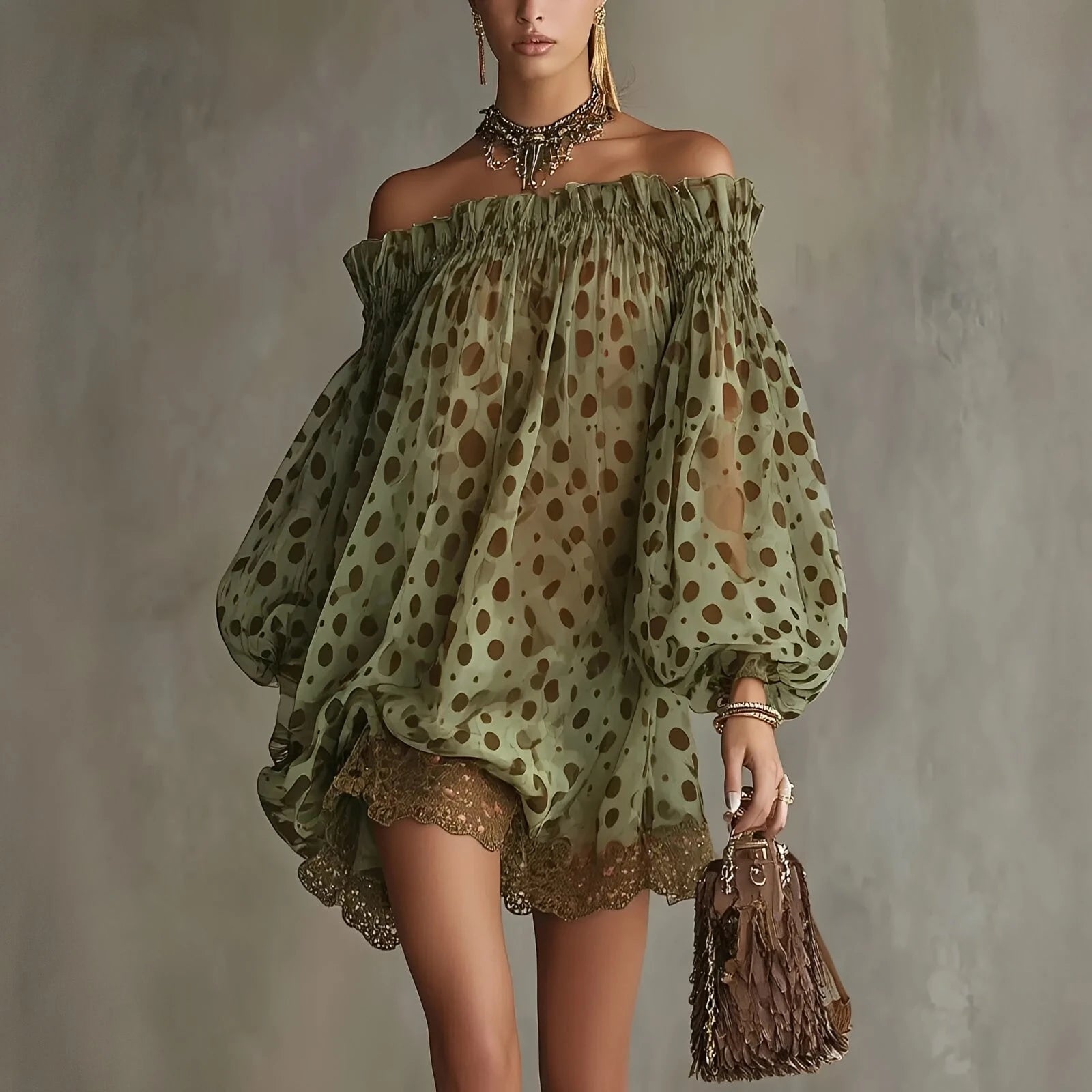 Vestido Curto Feminino Ombro à Ombro com Estampa de Bolinhas by Loja Bruna Modas