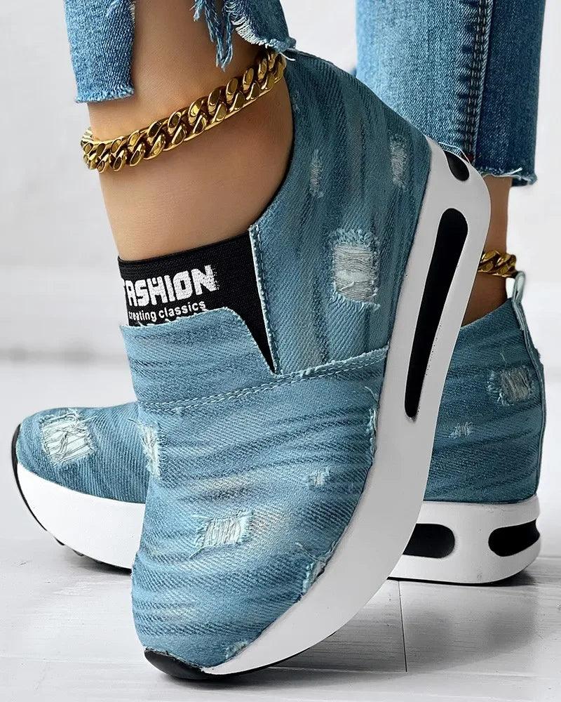 Tênis Feminino Casual Denim Rasgado