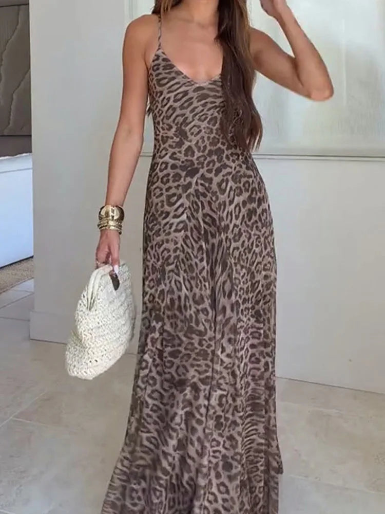 Vestido Feminino Verão Leopardo Cintura Alta Sem Costas Decote V Longo Maxi Chic