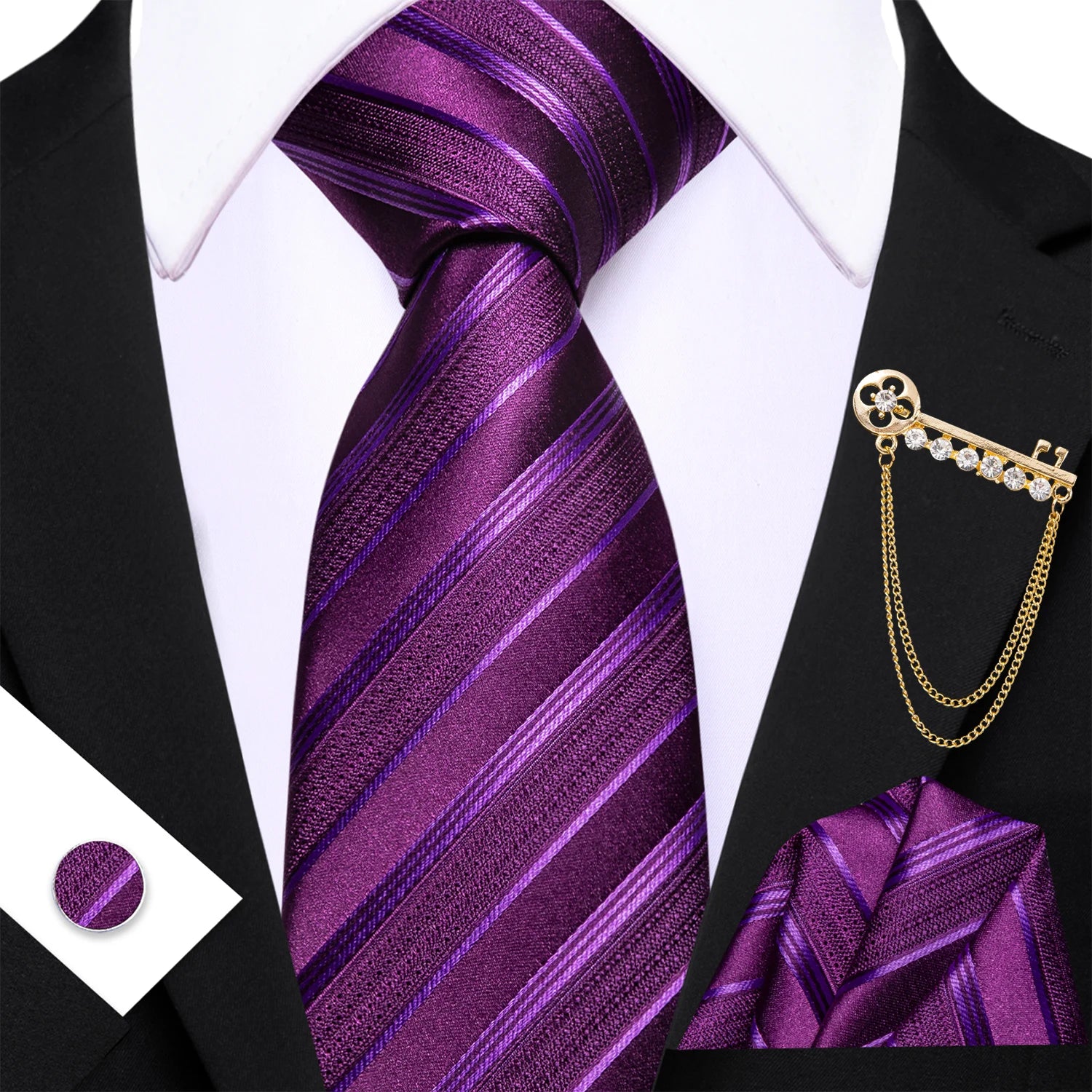 Conjunto de Gravata Masculina com Broche e Lenço